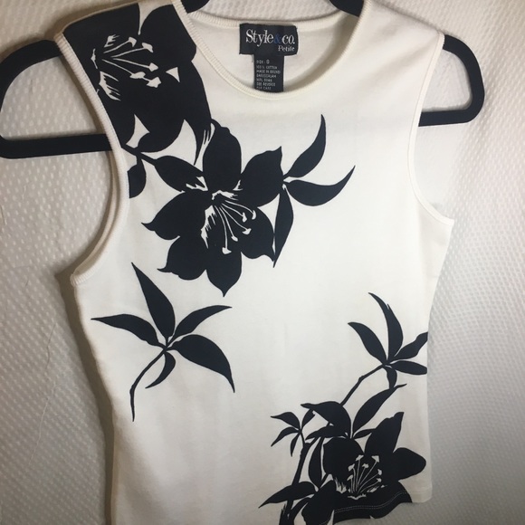 Style & Co. Tops - Style & Co Petite | Women’s White with Black Floral Print Sleeveless Blouse Top